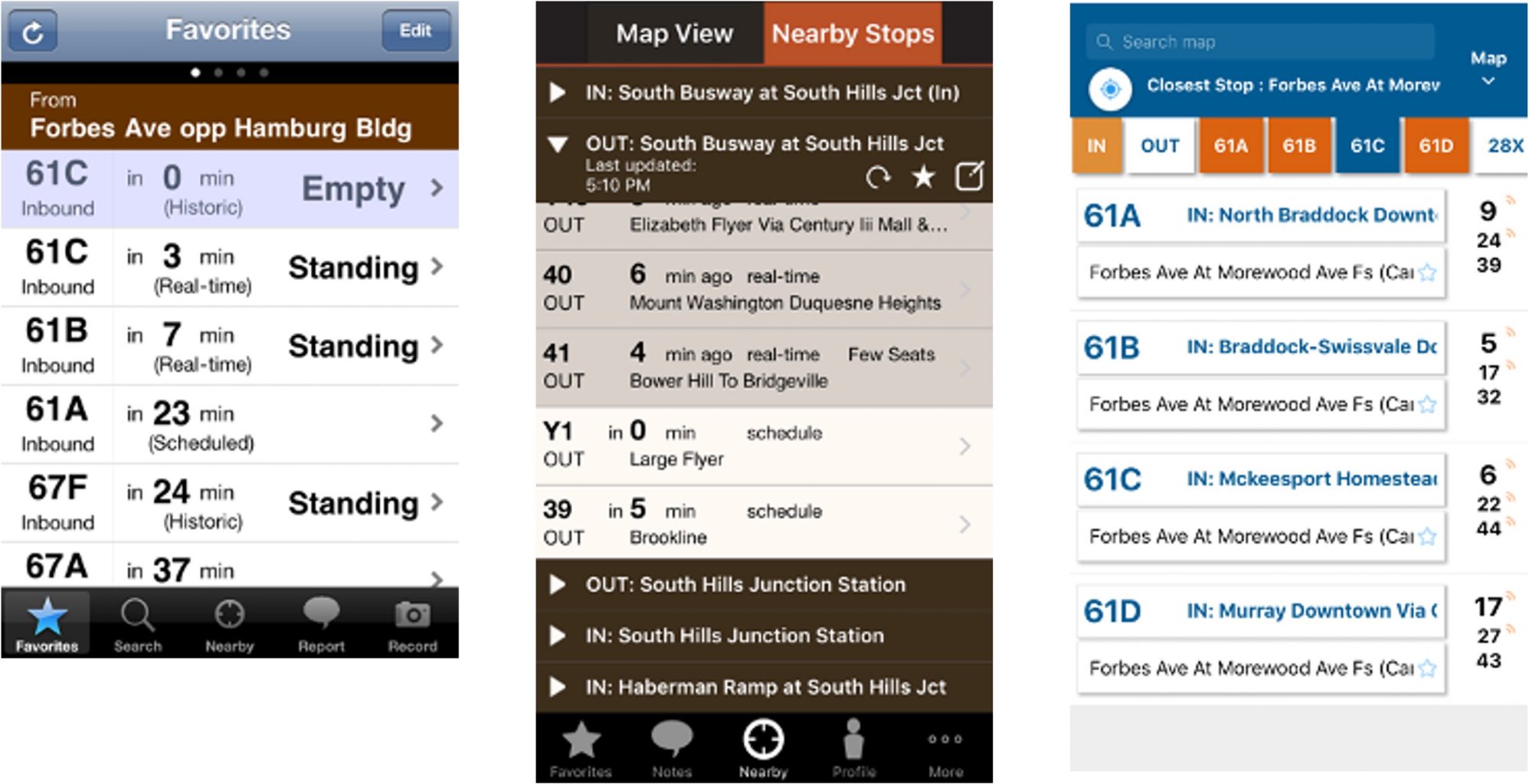 Three app images of bus arrival times, corresponding to the three versions of Tiramisu. Left: bus routes are filtered out by favorites routes in blue and brown. Center: bus routes are filtered out by nearby stops in dark and light brown. Right: bus routes are filtered out by closest stop and predicted routes (in orange). There's a little icon that indicate whether the route is scheduled or it was fed from the real-time transit system.